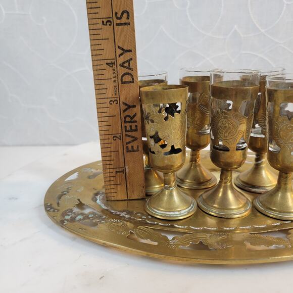 Vintage Mexican Cordial Set Brass Shot GlassesTray Embossed Overlayed Stamped - Picture 16 of 16